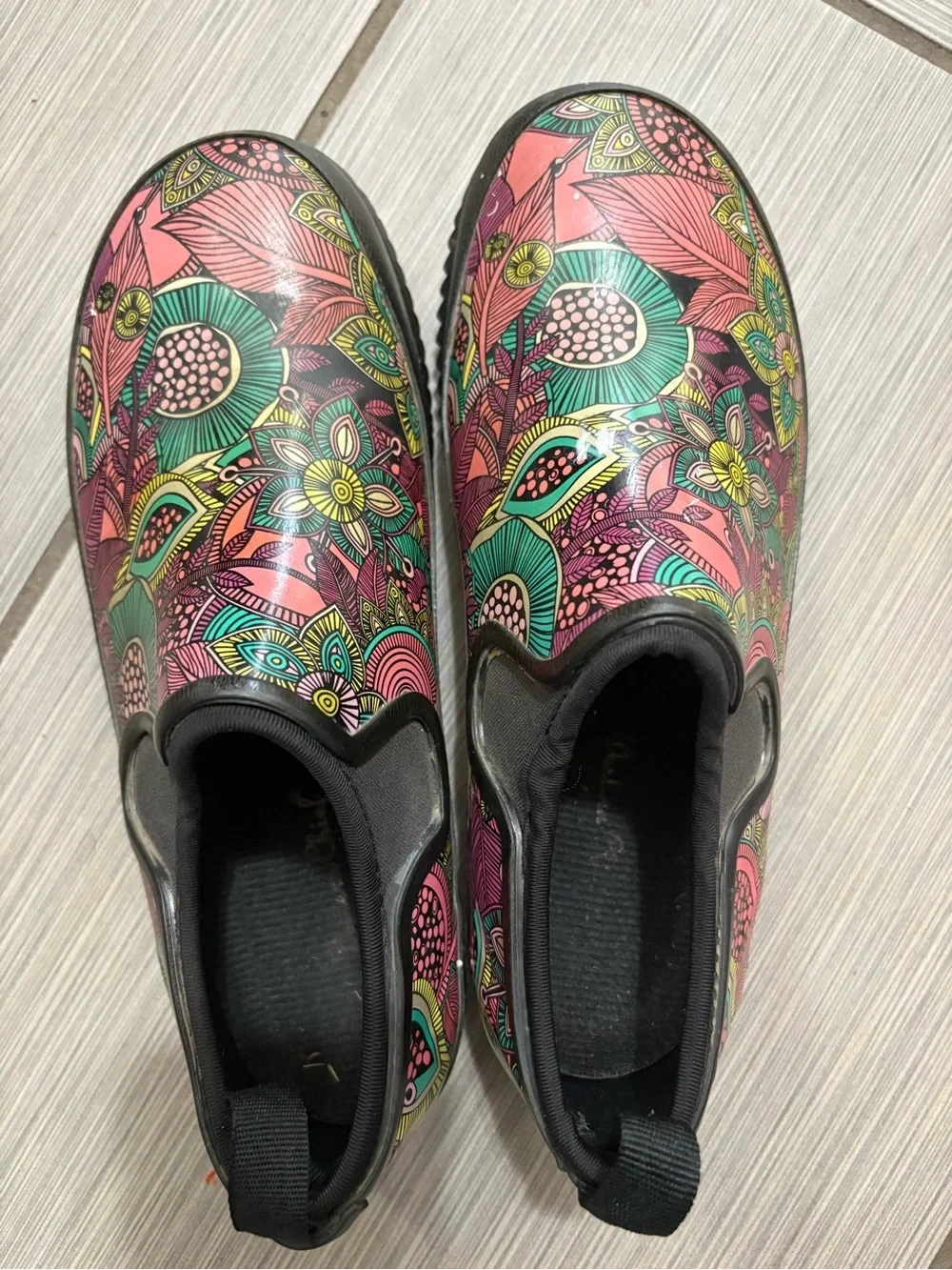 Western Chief Pink Floral Slip-On Rain Boots with Green Accents